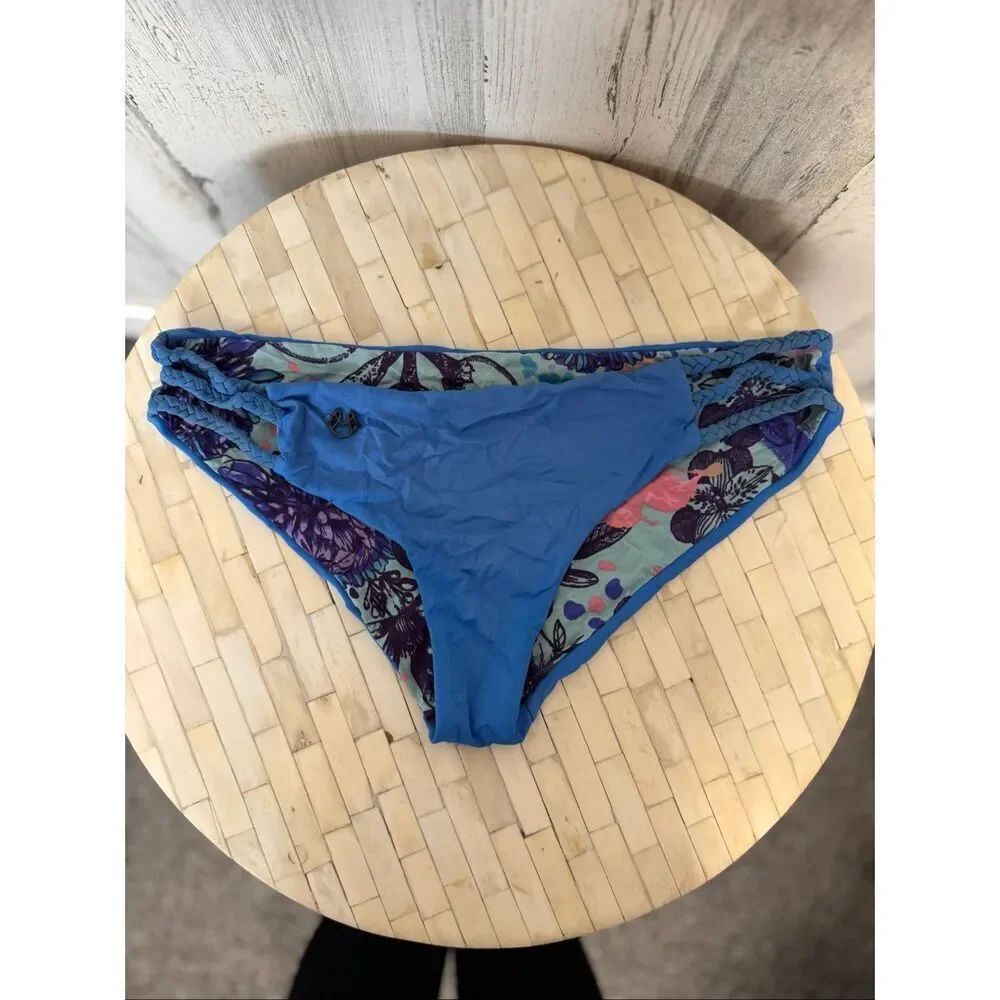 Reversible Bikini Bottom Medium Blue Floral Swim Bottoms Braided Side Detail